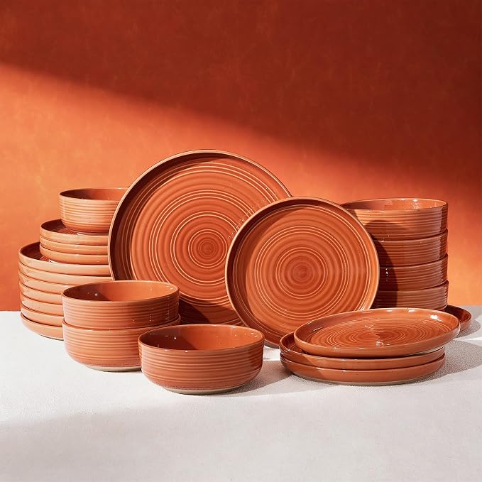 Dinnerware Set for 8, Ceramic Plates and Bowls, Terracotta | 24-Piece Ceramic Speckled Spiral Dishes, Chip & Scratch Resistant, Microwave & Dishwasher Safe, Everyday Use, Farmhouse Style