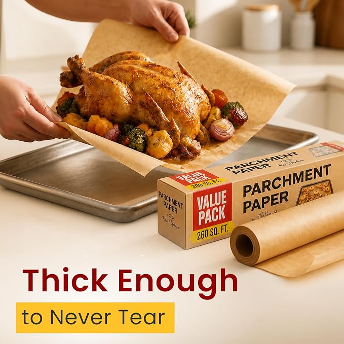 260 Sq.Ft Unbleached Parchment Paper for Baking - Roll with Cutter | Heavy Duty Non-Stick Brown for Cooking, Grilling, Steaming and Air Fryer, 15" x 210ft by Baker's Signature