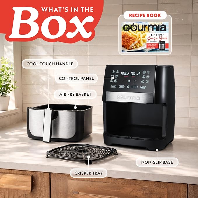 Gourmia 8 Qt Digital Air Fryer GAF826 – XL Capacity with 12 One-Touch Presets, Nonstick Dishwasher Safe Basket, Oil-Free Cooking, ETL-Certified, Sleek Black Finish