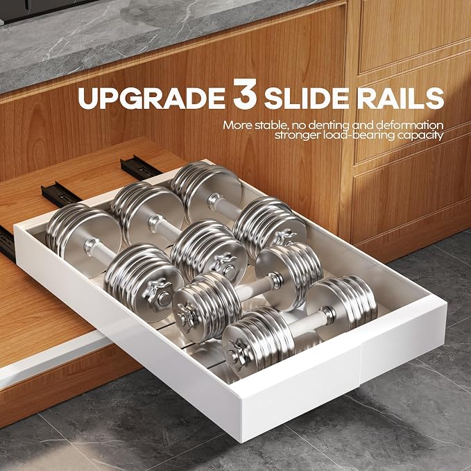 Seinloes 4 Pack Expandable Pull Out Cabinet Organizer 21" Deep with Raising Pad for Framed Cabinets,Upgrade 3 Slide Rails Slide Out Drawers,Roll Out Shelves Adhesive,Adjustable Width 9"-14.1" White