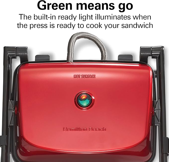 Hamilton Beach Electric Panini Press Grill with Locking Lid, Opens 180 Degrees for Any Sandwich Thickness, Nonstick 8" X 10" Grids, Red (25462Z) | Floating Hinge Evenly Cooks Any Sandwich | Locking Lid | PFAS-Free Non-Stick 8" x 10" Grids | Red