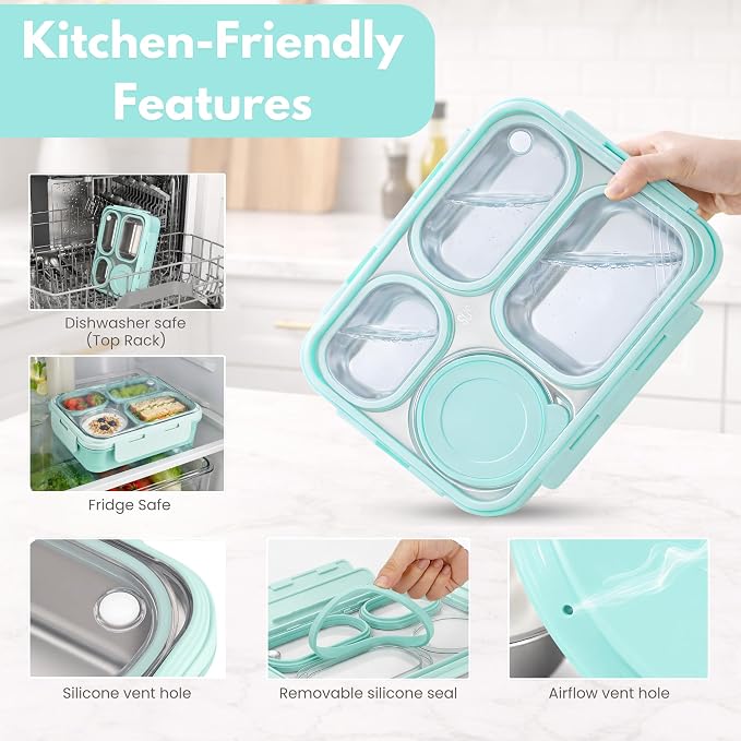 Homaze Kids Adults Stainless Steel Bento Box, 4-Compartment Metal Lunch Box