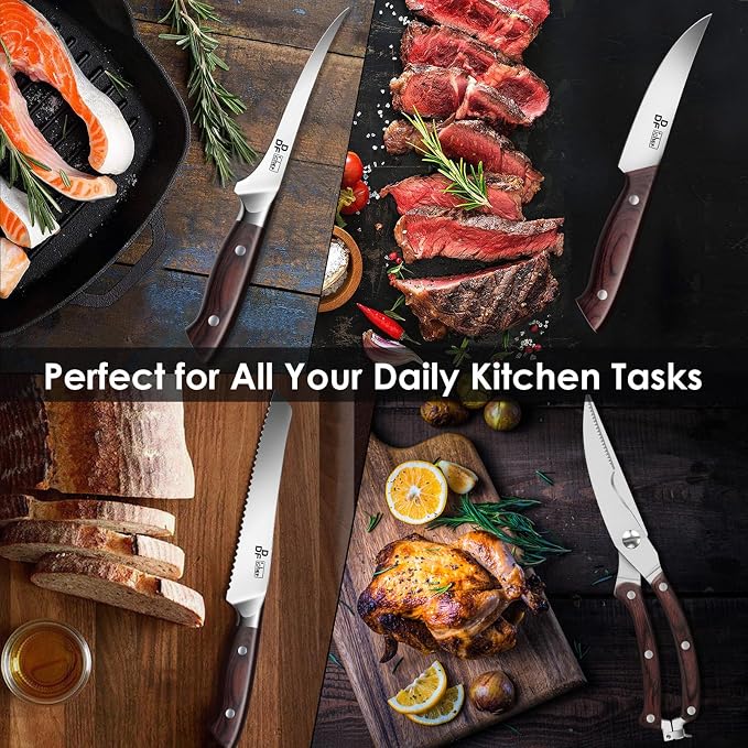 16-Piece Kitchen Knife Set, High-Carbon Stainless Steel, Pakkawood Handles | Ultra-Sharp Knife Block Set with Ergonomic Full-Tang Handles, Professional Knife Set with Block and Sharpener for Gifting