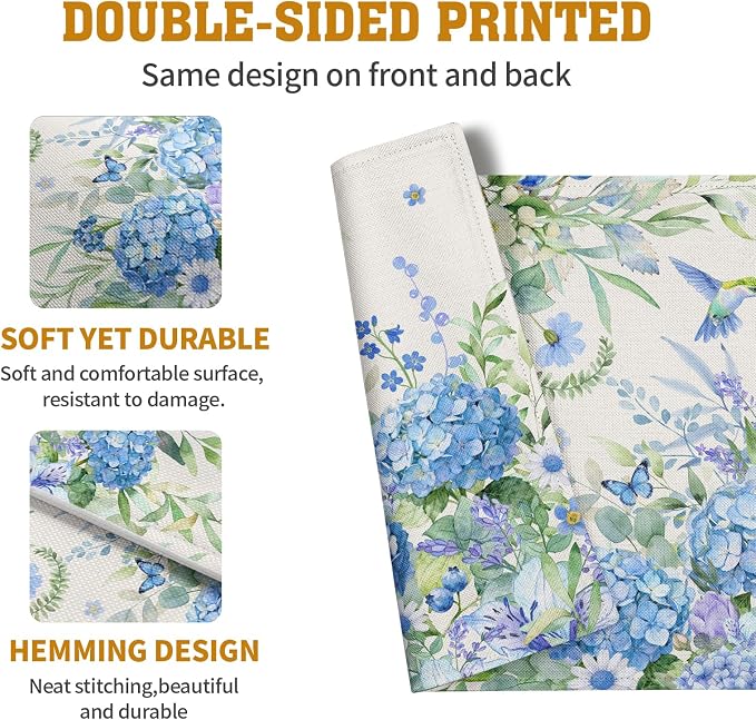 Blue Hydrangea Placemats Set of 4 Spring Summer Floral Green Leaf Bird Table Mat 12x18 Inch Rustic Daisy Flowers Hummingbird Place Mats for Party Kitchen Dining Outdoor Indoor Decor