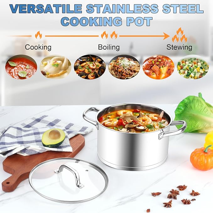 Homikit Stainless Steel Stock Pot 4 Quart, Induction Stockpot with lid for Soup Pasta Sauce Cooking Simmering, Tri-ply Heavy Bottom Compatible with All Stove, Dishwasher Safe