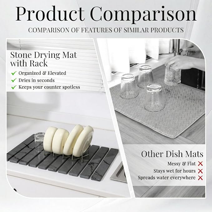 Diatomaceous Stone Dish Drying Mat with Collapsible Steel Rack - Quick Dry Kitchen Counter Set, Space Saving Foldable Dryer (Gray Marble, 23.6" x 15.3")
