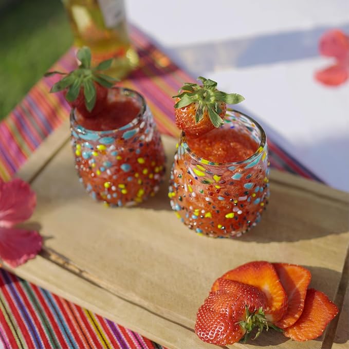 Confetti Dots Hand Blown Stemless Wine Glasses Set of 6 – Colorful Mexican Glassware – 16 oz Wine Glass – Hand Blown Mexican Drinking Glasses for Wine, Cocktails & Tequila