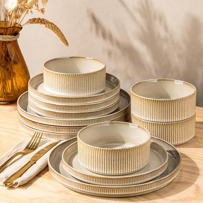 GBHOME Stoneware Dinnerware Sets for 4, 12 Pieces Plates and Bowls Set | Lightweight Ceramic Ribbed Dishes,Reactive Glaze Stackable Plate Set,Scratch Resistant,Microwave & Dishwasher Safe,Cappuccino
