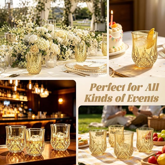 24 Pack Plastic Stemless Wine Glasses, 12oz Unbreakable Wine Cups | Reusable Fancy Vintage Drinking Glass Bulk for Cocktail, Whiskey, Juice, Elegant Decor for Wedding, Party & Holiday Events