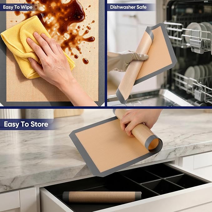 E-far Silicone Baking Mats, 11.5x8.7” Nonstick Reusable Silicone Mat for Kitchen Oven Baking Cookie Bread Pastry, 2Pcs Food Grade Rectangle Silicon Baking Sheet, Heat-Resistant & Easy Clean, Gray