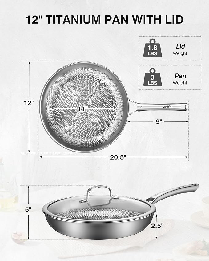 Titanium Pans for Cooking, 12-Inch Titanium Pan with Lid, Non-Stick Frying Pans, PFAS/PFOA/PTFE-Free, Dishwasher & Oven Safe, Compatible with Gas & Induction Cooktops