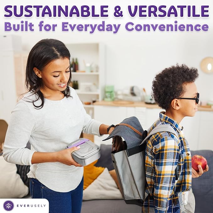 Stainless Steel Bento Box + Condiment Container - Lavender, 37oz / 1.1 L | Everusely metal lunch box, leakproof sauce container, 3 compartment snack organizer for travel, freezer & dishwasher safe