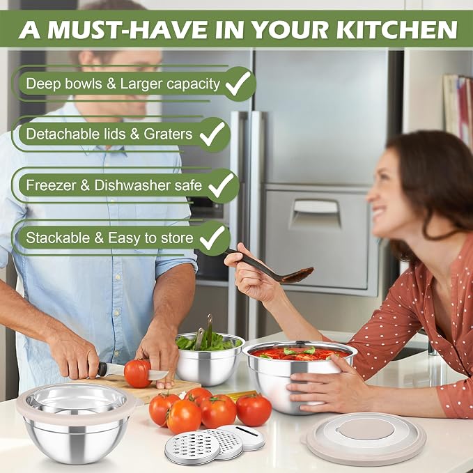 TeamFar Mixing Bowls, 3PCS Stainless Steel Serving Salad Bowls | with Lids & 3 Graters for Kitchen Mixing/Baking/Storing/Prepping, Visible & Airtight, Easy Clean - 4.5/3/1.5 QT, Khaki
