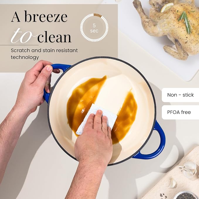 Nuovva Enamelled Cast Iron Dutch Oven Pot with Lid-6.4 Quart Non Stick Casserole Pot-Heavy Duty & Oven Safe up to 500° F for Bread Baking, Braising, Stews, Roasting - 28cm Dark Blue