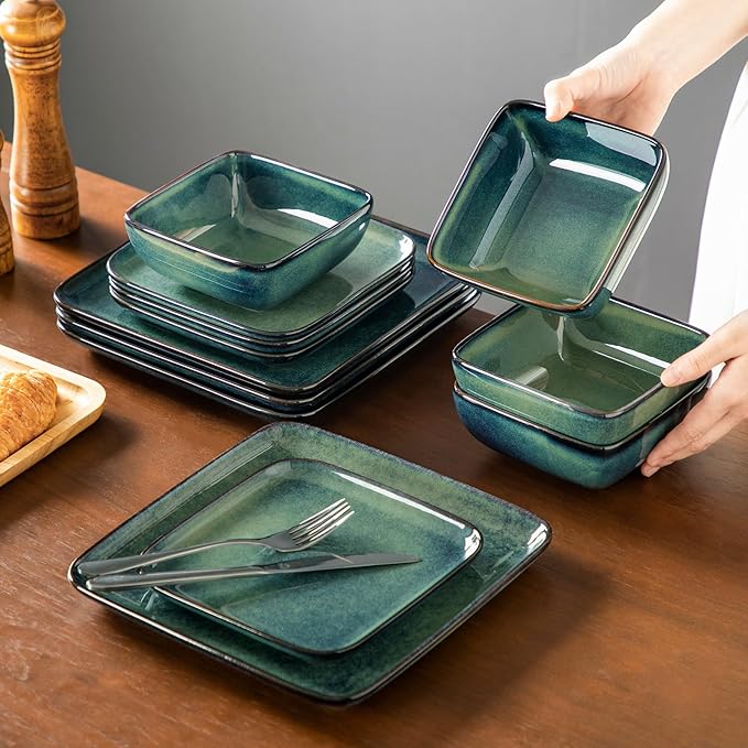 vancasso Stern Green Dinner Set Square Reactive Glaze Tableware 12 Pieces Kitchen Dinnerware Stoneware Crockery Set with Dinner Plate, Dessert Plate, Bowl Service for 4