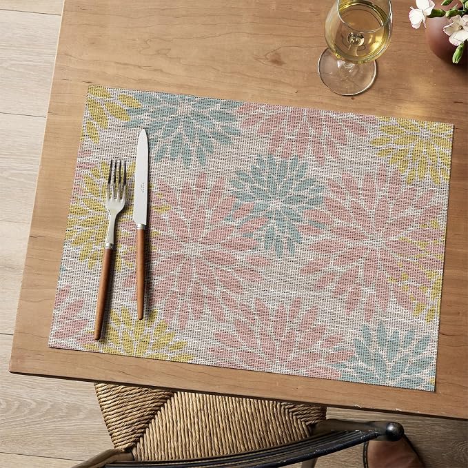 Artoid Mode Floral Vinyl Placemats Set of 4, 12x18 Inch Heat Resistant Washable Non-Slip Plistic PVC Place Mats for Party Kitchen Dining Decor, Pink Blue