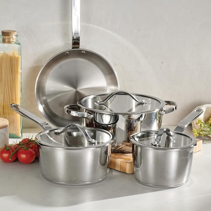 Tramontina Tempo Tri-Ply Base Stainless Steel 7-Piece Pots and Pans Set | Induction-Ready Cookware Set with Lids, Oven-Safe, Dishwasher-Safe