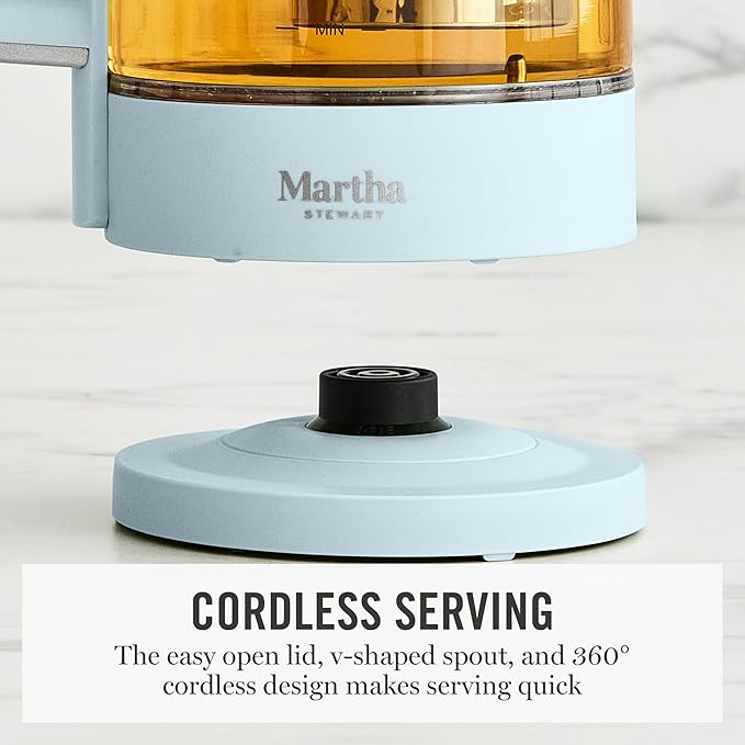 Martha Stewart 1.7L Glass Carafe Electric Kettle with Removable Tea Infuser | 7 Cups, 4 Presets, Rapid Boiling, Stainless Steel Tea Leaf Infuser, Cordless Swivel Base, Keep Warm, Auto Shut-Off, Sky Blue