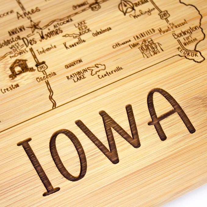 Totally Bamboo A Slice of Life Iowa Engraved Map Cutting Board | 11” x 8.75” charcuterie board with engraved state map artwork. Smooth reverse side for food prep. Hang tie for wall display.