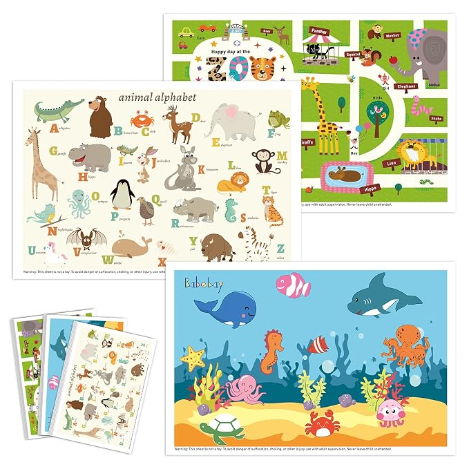 Babebay Disposable Placemats for Baby, 60 Pack Sticky Toddler Placemat for Restaurants, Dining Table, Party, Travel, 12" x 18" with 3 Designs