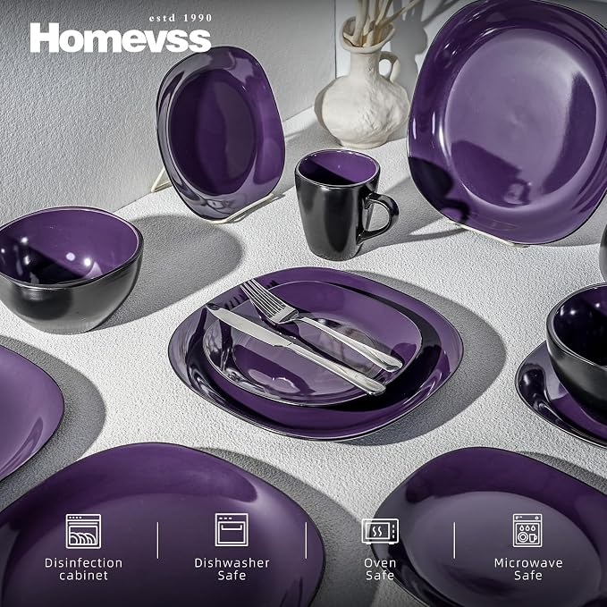 Stoneware Square 16pc Dinnerware Set, Inside Shiny Purple and Outside Matte Black