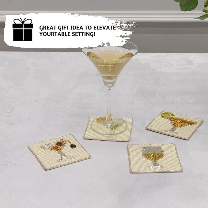Folkulture Coasters Set of 4 for Drink, Coffee Bar Accessories, Table Décor | Cute, Beaded, Hand Crafted, Cocktail, Boho Coaster for Home, Party Decorations, Outdoor, Patio, House Warming Gifts New Home