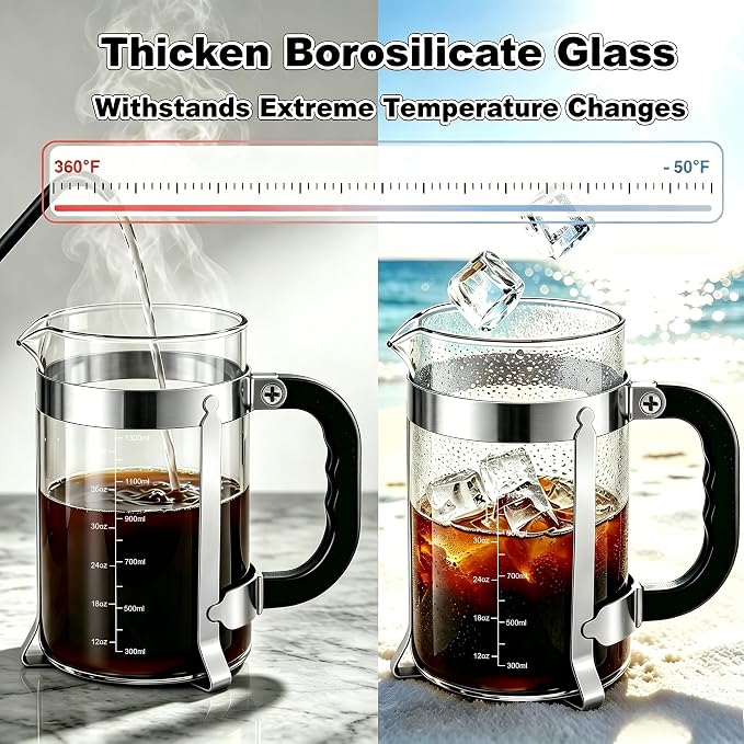 QUQIYSO French Press 51oz,Large French Press Thickened Glass Coffee Press | French Press Stainless Steel,Large Capacity Coffee Maker,Easy to Clean,4 Filter,Suitable for Party Home Office(Silver)
