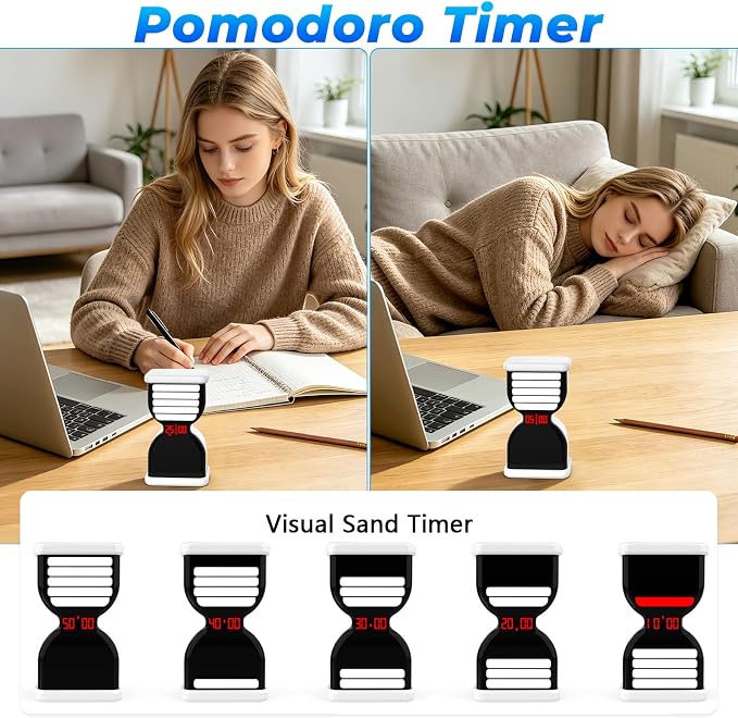 Pomodoro Timer for Productivity, Visual Countdown with Flight Flow | 5/25Min Preset, Custom Countdown, On/Off, Rechargeable, Silent, Desk Flip Hourglass Timer for ADHD Gift Study, Work, Kitchen