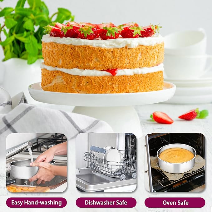 P&P CHEF 8 Inch Cake Pans Set, 4Pcs Stainless Steel Round Baking Pan | Round Layer Cake Tins for Birthday Wedding, Non Toxic & Heavy Duty, 3 Inch Deep Side & Mirror Finish, Oven & Dishwasher Safe