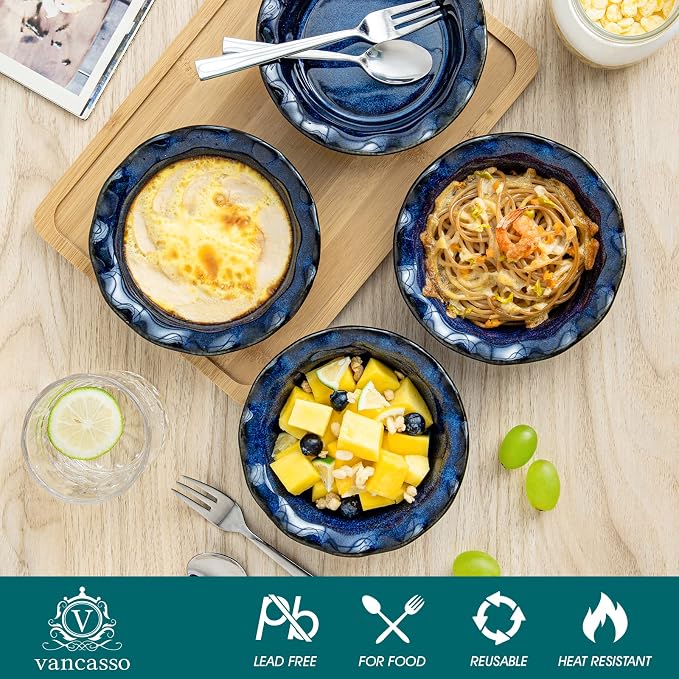 vancasso Ceramic Mini Pie Pans Set of 6, 5.2 Inch Small Pie Plates for Baking with Ruffled Edge, Individual Quiche Baking Dishes Tart Pans, Mini Pot Pie Plates for Microwave & Oven Safe, Blue