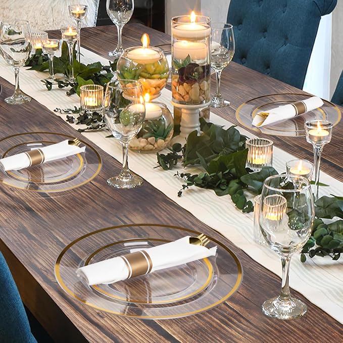 700 Piece Clear Gold Disposable Plastic Dinnerware Sets for Party | Plastic Silverware for 100, Include: 200 Plastic Plates, 100 Pre Rolled Napkins with Cutlery Sets, 100 Cups for Party