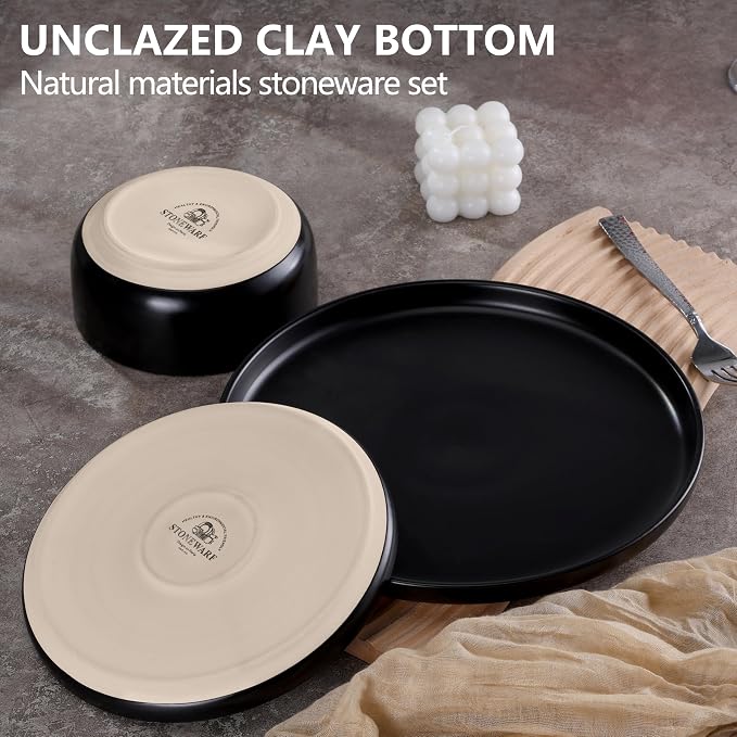 LIANYU Plates and Bowls Sets for 2, 6 Piece Stoneware Dinnerware Set, Porcelain Dishware for Kitchen and Dining, Microwave Oven Dishwasher Safe, High temperature & Scratch Resistant, Matte Black