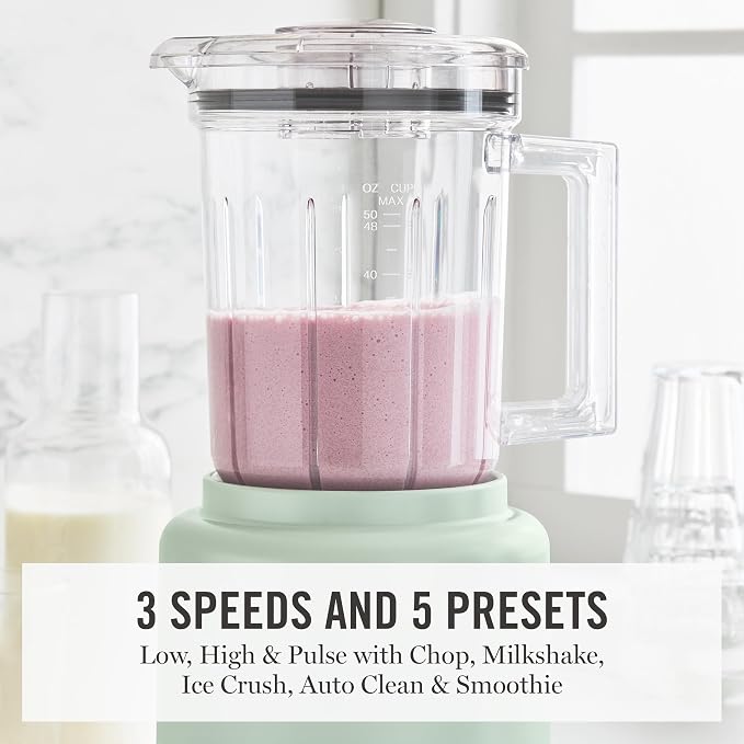 Martha Stewart 50oz Countertop Blender, 3 Speeds, 5 Presets, Honeydew Sage | BPA-Free Pitcher, Smoothies, Margaritas, Milkshakes & Ice Crushing, Stainless Steel Blades, Auto-Clean, Dishwasher-Safe Parts