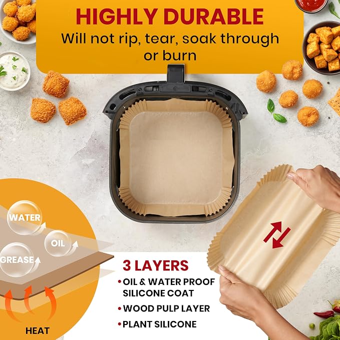 Air Fryer Liners Disposable, 350 Pcs 8" Square for Most 5-8 qt Baskets | Non-stick & oil-proof for easy cleanup; unbleached, BPA-free & PFAS-free; oven & microwave safe to 450F