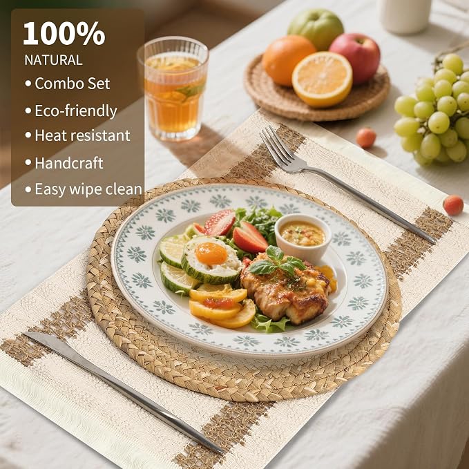 Handmade Boho Placemats Set of 6 | Natural Woven & Fabric Cotton Combo Table Mats | 12-Piece Versatile Place Mats | Rustic Farmhouse Style Dining Table Decor