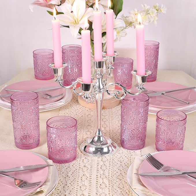 Darlion Vintage Glassware, Pink Drinking Glasses, 10oz Pink Glass Cups | Food Grade Glass, Lead-Free Glass, Durable&Sturdy, Vintage Decoration
