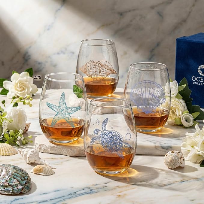 FACOYANS Ocean Themed Stemless Wine Glasses (17 oz, Set of 4) - Printed Sea Turtle, Starfish, Coastal Shell Designs - Beach House Glassware And Wine Gifts for Women, Mom, Birthdays