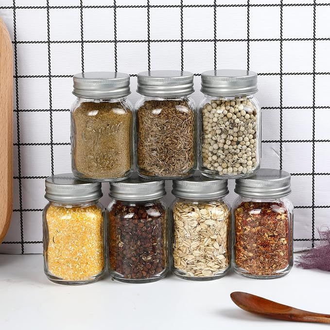 30 Pack 4oz Glass Mason Spice Jars Bottles | Empty Round Spice Containers with Silver Airtight Metal Caps and Pour/Sift Shaker Lid