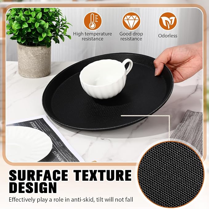 Zopeal 4 Pcs Bar Service Tray Round Plastic Non Slip,11" | For Waiter Server in Restaurant Cafeteria Bar, Raised Edges Prevent Spills, Cocktail Food Server, Textured Surface Grip