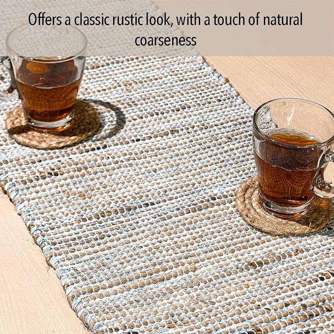 Natural Jute Table Runner, 13x36 Inch, Sky Blue-White | Vintage Boho Rustic Table Decor, Handwoven, Farmhouse Dining or Console Accent