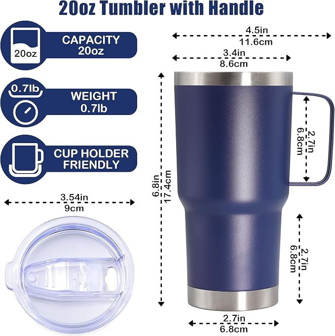 20 oz Tumbler with Handle Coffee Tumblers with Lid Travel Mug Navy 12P | 20oz Tumblers with Handle Double-Wall Insulated Vacuum Coffee Mugs Stainless Steel Tumbler with Handles&Lid Navy 12P