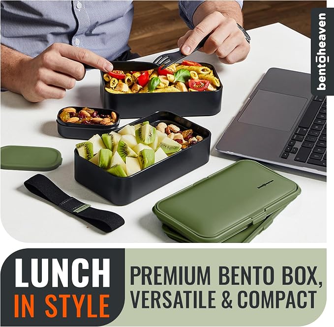 Bentoheaven Bento Box Adult, Stackable Lunch Box, 40 oz, Olive Garden | BPA-free, leakproof and microwave-safe with 2 compartments, utensils, chopsticks, divider and sauce cup for men and women.