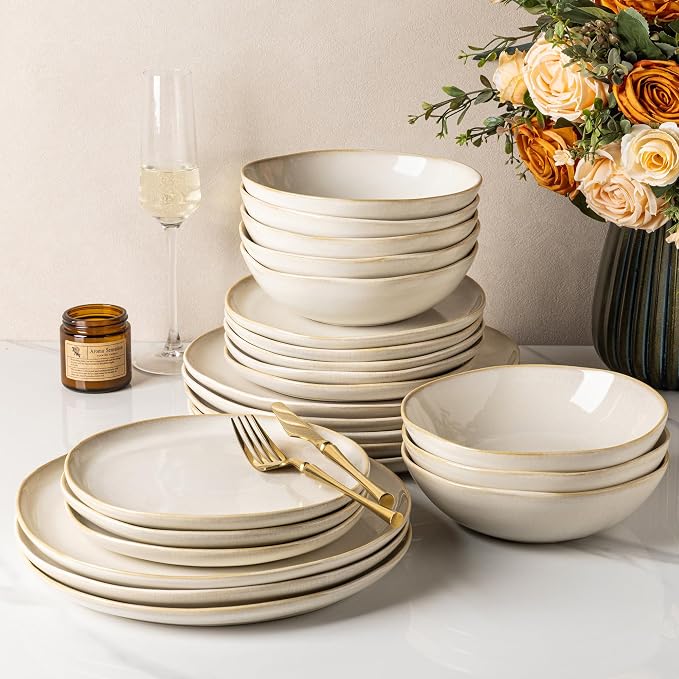 GBHOME Stoneware Dinnerware Sets for 8,24 Piece Rustic Plates and Bowls Set | Earthenware Handmade Reactive Glaze Plate Sets, Chip Resistant Ceramic Dishes, Microwave & Dishwasher Safe, Vanilla Cream