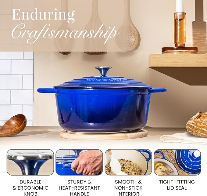 Cast Iron Pot with Lid-Non-Stick Ovenproof Enamelled Casserole Pot, Oven Safe up to 500° F-Sturdy Dutch Oven Cookware - Dark Blue, 5-Quart, 24cm by- Nuovva