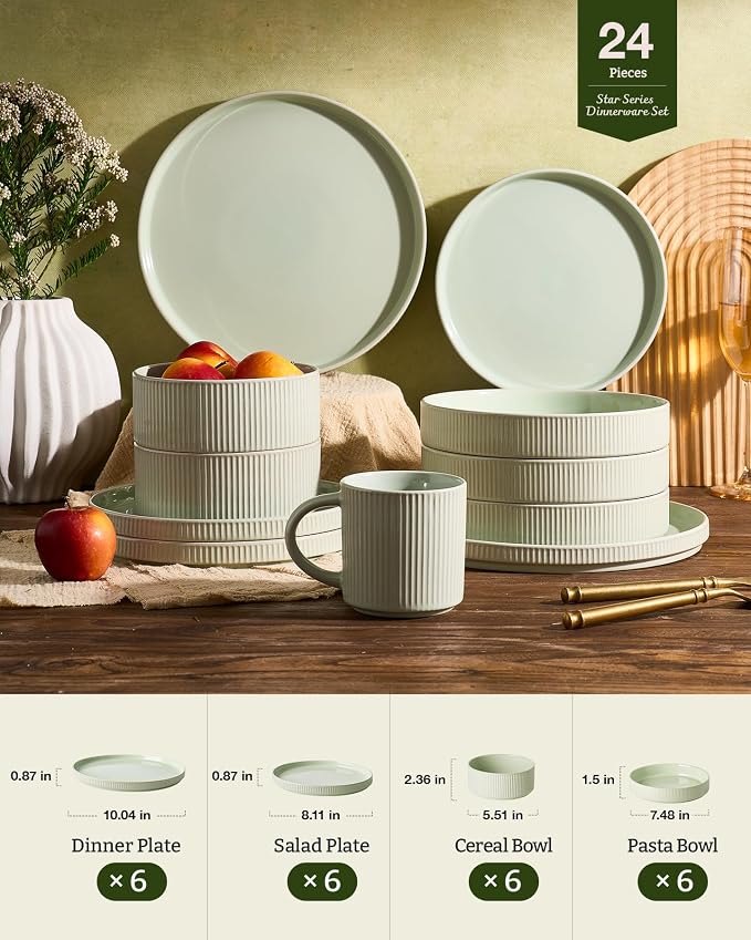 Famiware Stoneware Dinnerware Set with Pasta Bowls, 24pc Green Dishes for 6 | Ceramic Double Bowls & Flat Plates, Chip & Scratch Resistant, Microwave & Dishwasher Safe, Everyday Dining, Rustic Modern
