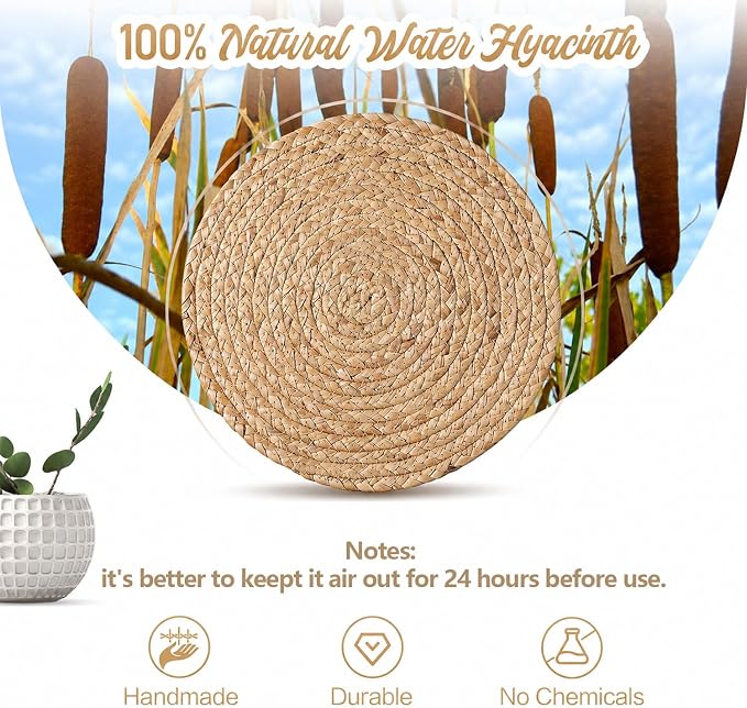 Aofmee 12 inch Round Woven Placemats Set of 6, Boho Rattan Place Mats, Natural Water Hyacinth Table Placemats, Farmhouse Weave Table Mats, Rustic Braided Wicker Charger Plates for Dining Table Decor