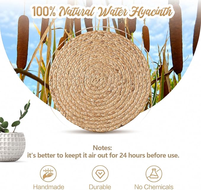 Aofmee 13.8 inch Round Woven Placemats Set of 6, Boho Rattan Place Mats, Natural Water Hyacinth Table Placemats, Farmhouse Weave Table Mats, Rustic Braided Wicker Charger Plates for Dining Table Decor