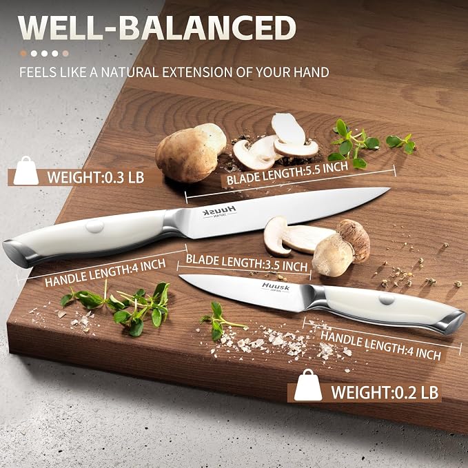Huusk Paring Knife Set - Razor Sharp 5" Utility & 3.5" Fruit Peeling Knives | Nitrogen-treated Stainless Steel, Ergonomic, Ivory White, Vegetable Fruit Cutting Hulling Coring Segmenting, Gift