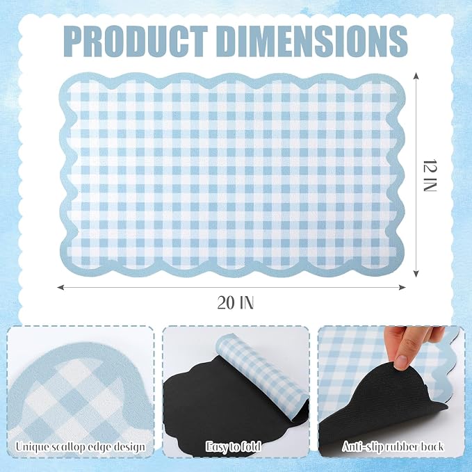 Blue Gray Scalloped Gingham Coffee Mat 12" x 20" | Absorbent Bar Mat Gingham Espresso Matt with Non Slip Rubber Backing for Coffee Countertops