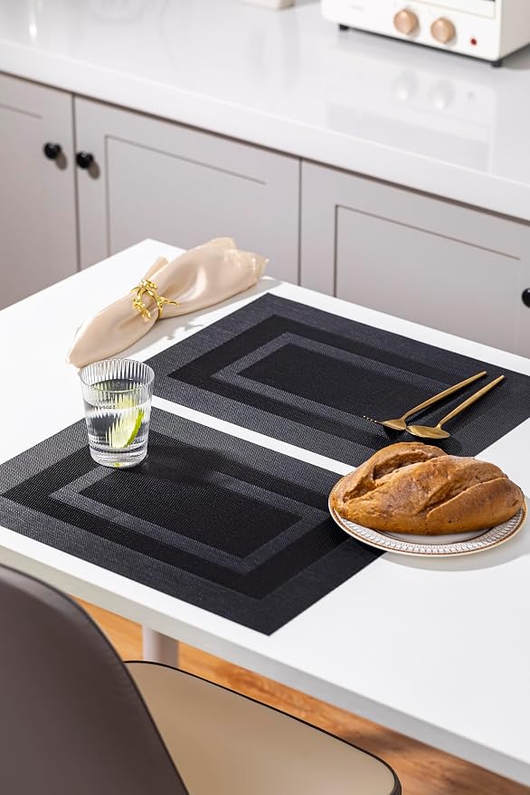 LEXMORE Placemats Set of 8 Vinyl/Plastic Woven Place Mats for Kitchen Table Indoor/Outdoor Washable Placemat Wipeable Dining Table Mats(Black Cube)